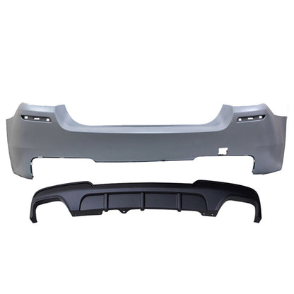 BMW F10 M-P Style twin muffler rear bumper by K2 Industries, featuring dual outlets and sleek design for 2011-2016 models.