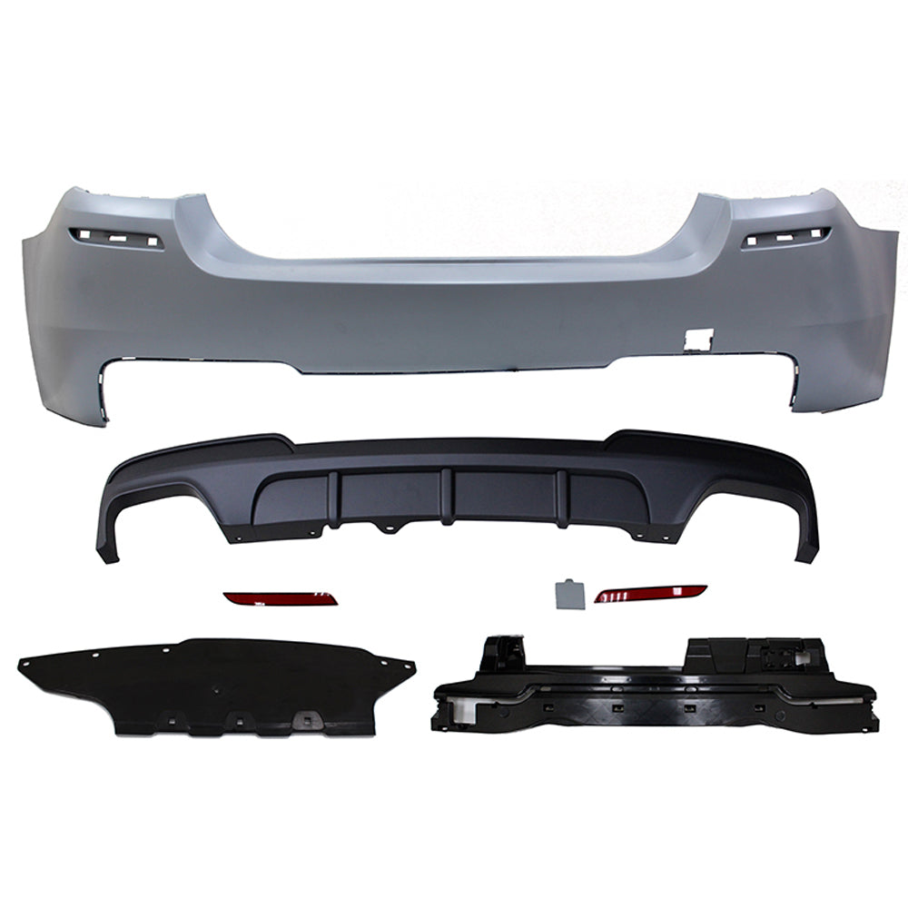 BMW F10 M-P Style twin muffler rear bumper by K2 Industries, with dual outlet design for 2011-2016 BMW F10 models.