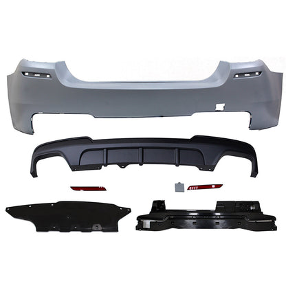 BMW F10 M-P Style twin muffler rear bumper by K2 Industries, with dual outlet design for 2011-2016 BMW F10 models.