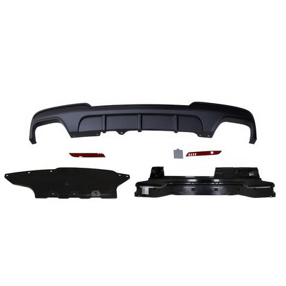BMW F10 M-P Style twin muffler rear bumper for 2011-2016, compatible with dual outlet exhaust, by K2 Industries.