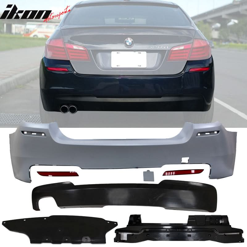BMW F10 front and rear bumpers by K2 Industries with single outlet, featuring a sleek design and a border detail.