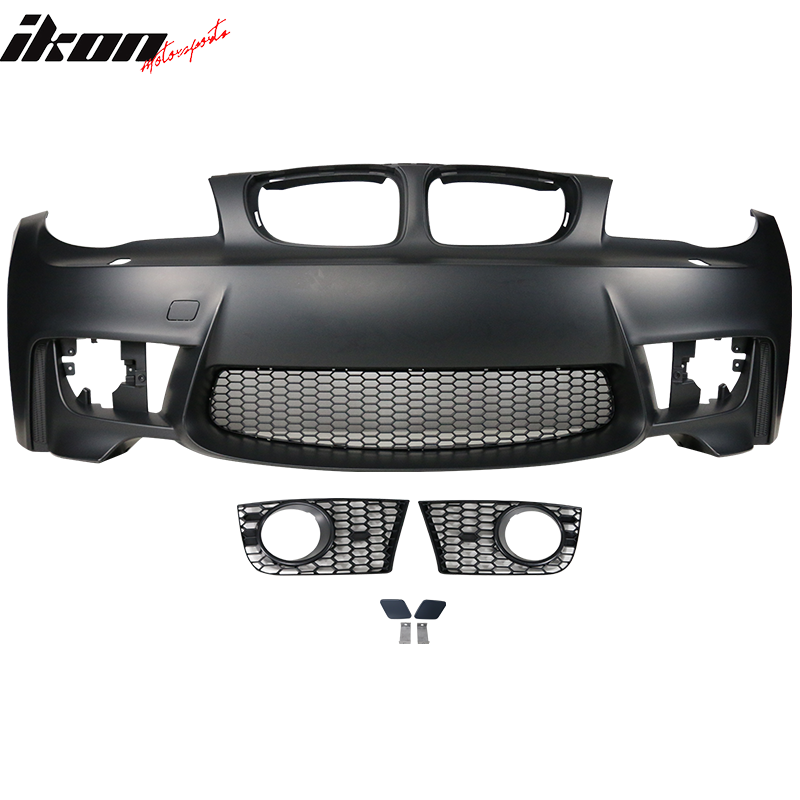 BMW 1 Series E82 2007-2013 front bumper with fog lights, no PDC holes, made by K2 Industries for 1M models.