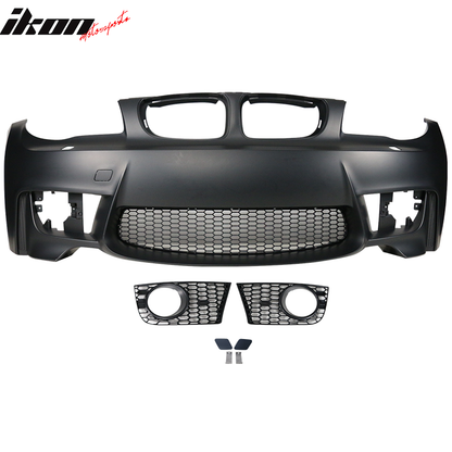 BMW 1 Series E82 2007-2013 front bumper with fog lights, no PDC holes, made by K2 Industries for 1M models.