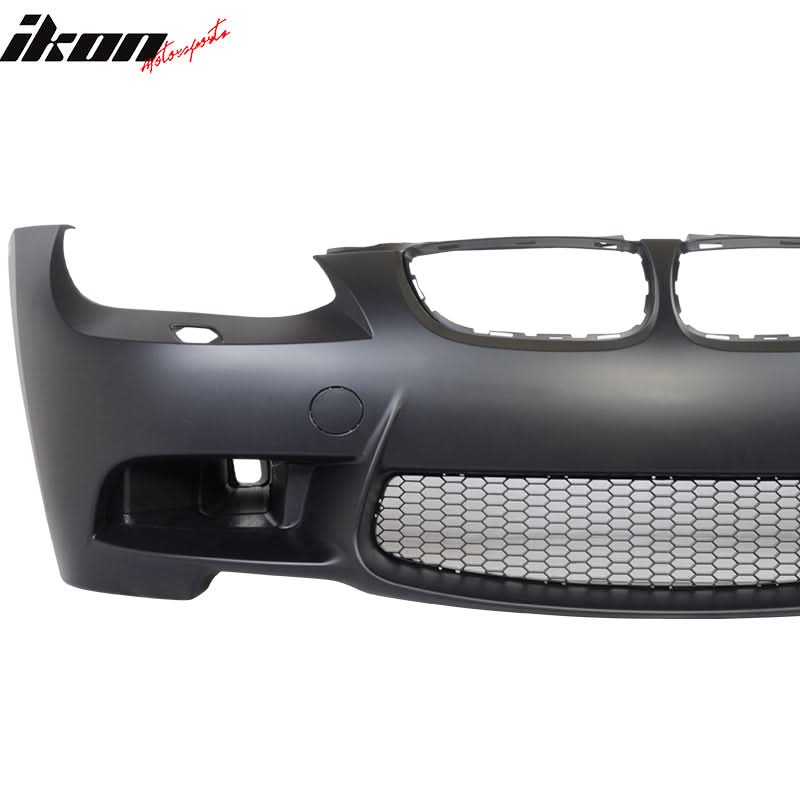 BMW E92 E93 M3 style front bumper with air duct and H front lip, black plastic, detailed close-up of car parts.
