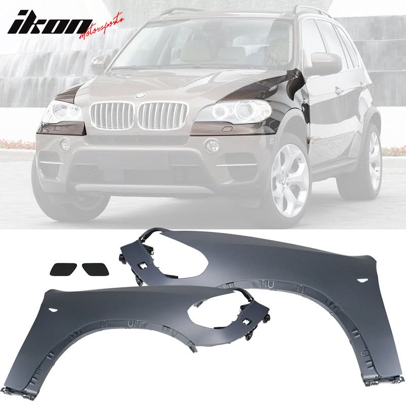 BMW E70 X5 2007-2010 pre-LCI front fender with washer hole, PP material, by K2 Industries, showing the fender's shape and mounting area