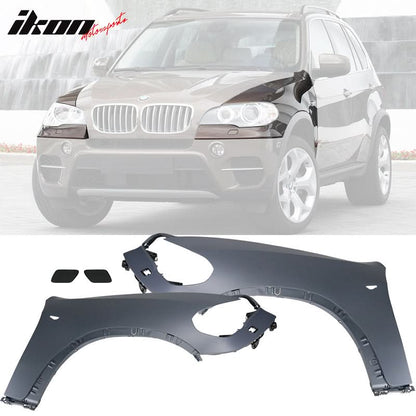 BMW E70 X5 2007-2010 pre-LCI front fender with washer hole, PP material, by K2 Industries, showing the fender's shape and mounting area