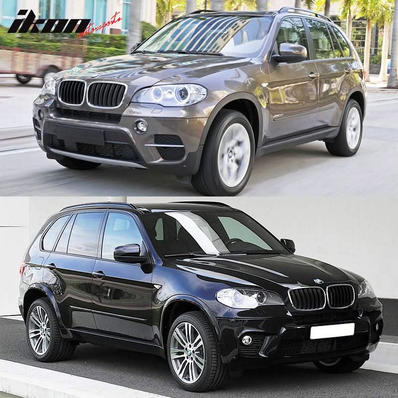 BMW E70 X5 2007-2010 pre-LCI front fender with washer hole, black PP Fender Flares by K2 Industries, side view with wheel well.