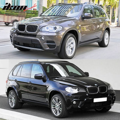 BMW E70 X5 2007-2010 pre-LCI front fender with washer hole, black PP Fender Flares by K2 Industries, side view with wheel well.