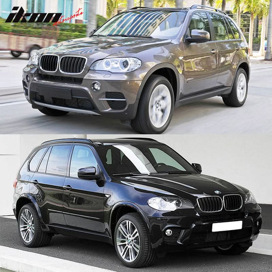 BMW E70 X5 2007-2010 pre-LCI front fender with washer hole, black PP Fender Flares by K2 Industries, side view with wheel well.