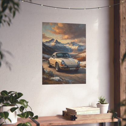 1973 Porsche 911 Wall Art Beige Sahara Grey Snow Capped Alps Alpine Pass Sunset Poster Classic German Sports Car Oil Painting Fine Art Print for Home Office Decor