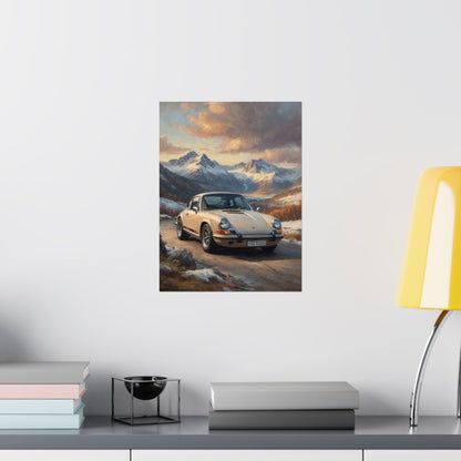 1973 Porsche 911 Wall Art Beige Sahara Grey Snow Capped Alps Alpine Pass Sunset Poster Classic German Sports Car Oil Painting Fine Art Print for Home Office Decor