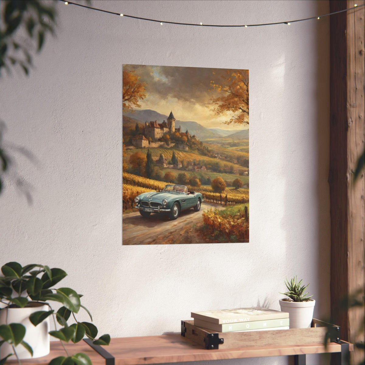 Vintage 1957 BMW 507 Roadster Poster | Autumn Vineyard Castle Valley Wall Art | Impressionist European Classic Sports Car Fine Art Paper Print
