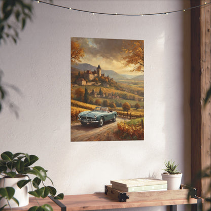 Vintage 1957 BMW 507 Roadster Poster | Autumn Vineyard Castle Valley Wall Art | Impressionist European Classic Sports Car Fine Art Paper Print