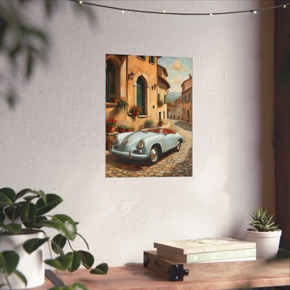 Vintage 1956 Porsche 356 Speedster Poster | Italian Village Street Wall Art | Impressionist European Classic Sports Car Fine Art Paper Print
