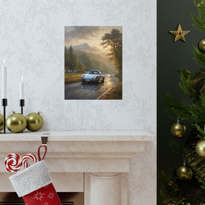 1973 Porsche 911 Wall Art Silver Metallic Nürburgring Nordschleife Misty Forest Racetrack Sunrise Poster Classic German Sports Car Oil Painting Fine Art Print for Home Office Decor