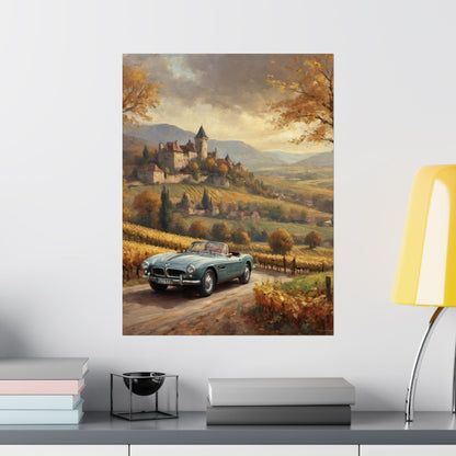 Vintage 1957 BMW 507 Roadster Poster | Autumn Vineyard Castle Valley Wall Art | Impressionist European Classic Sports Car Fine Art Paper Print