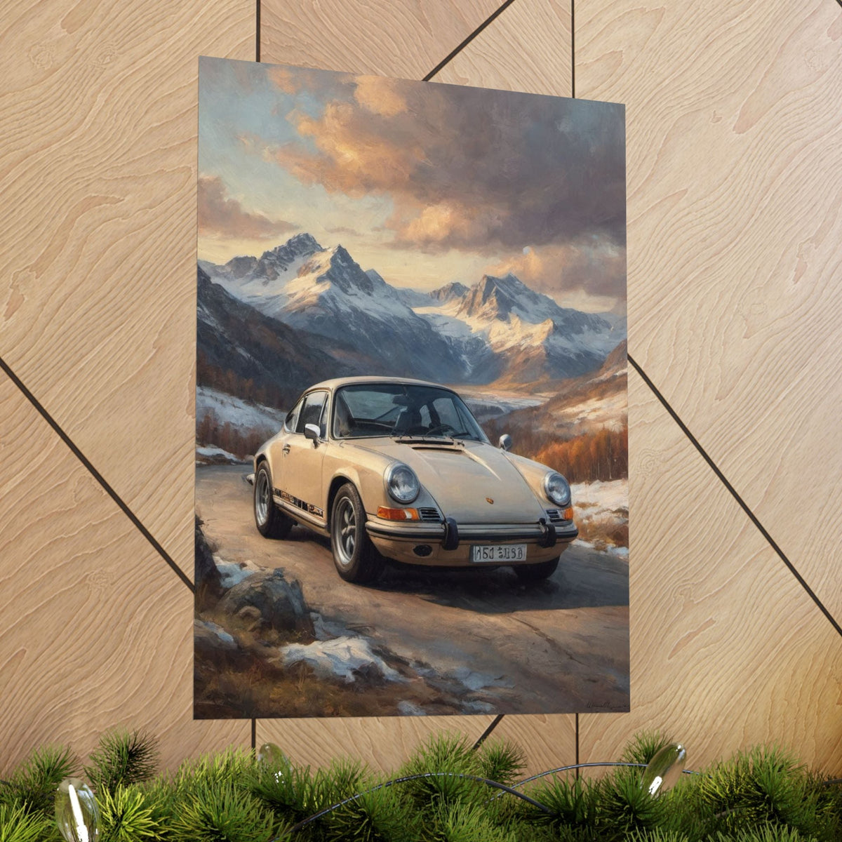 1973 Porsche 911 Wall Art Beige Sahara Grey Snow Capped Alps Alpine Pass Sunset Poster Classic German Sports Car Oil Painting Fine Art Print for Home Office Decor