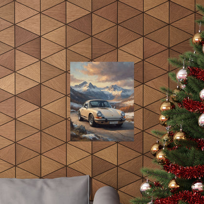 1973 Porsche 911 Wall Art Beige Sahara Grey Snow Capped Alps Alpine Pass Sunset Poster Classic German Sports Car Oil Painting Fine Art Print for Home Office Decor