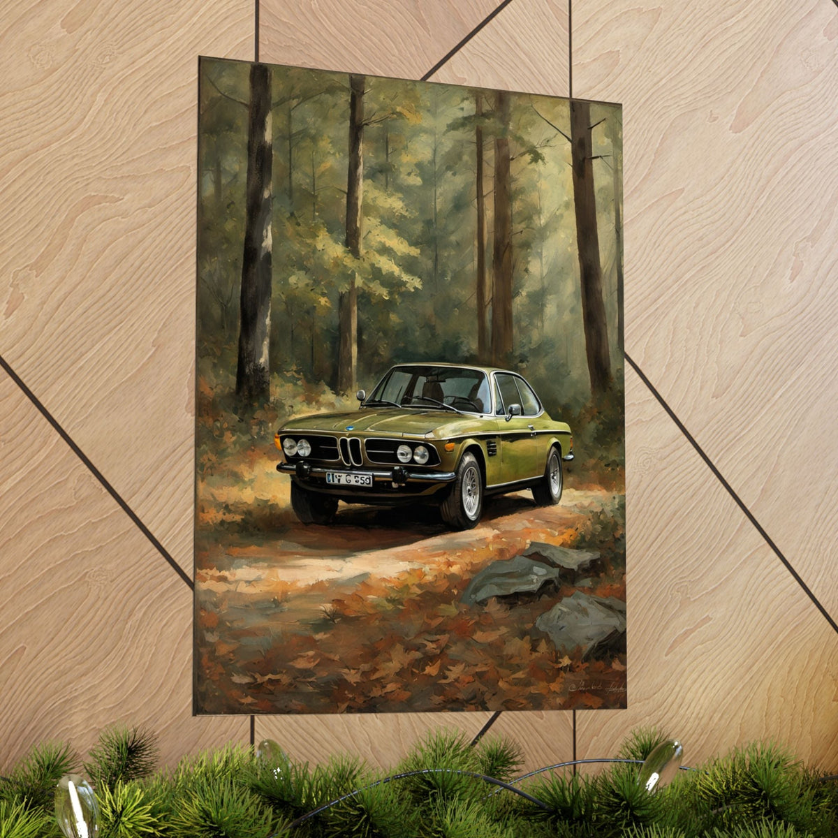 1973 BMW 30 CSL Wall Art Taiga Metallic Green Autumn Forest Sunlight Poster Classic German Sports Coupe Oil Painting Fine Art Print for Home Office Decor