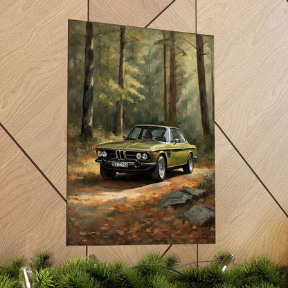 1973 BMW 30 CSL Wall Art Taiga Metallic Green Autumn Forest Sunlight Poster Classic German Sports Coupe Oil Painting Fine Art Print for Home Office Decor