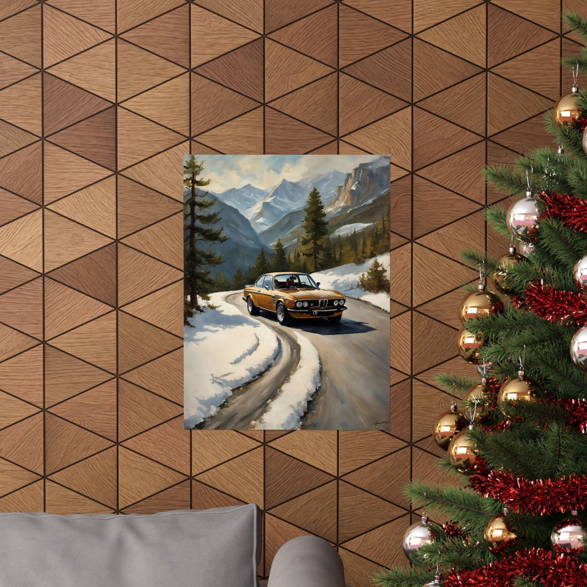 1973 BMW 30 CSL Wall Art Inka Orange Bronze Alpine Mountain Pass Snow Road Poster Classic German Sports Coupe Oil Painting Fine Art Print for Home Office Decor