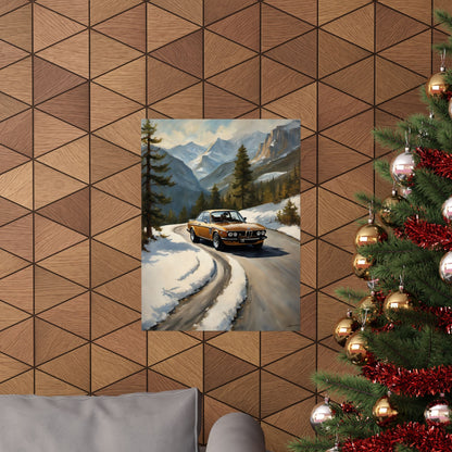 1973 BMW 30 CSL Wall Art Inka Orange Bronze Alpine Mountain Pass Snow Road Poster Classic German Sports Coupe Oil Painting Fine Art Print for Home Office Decor