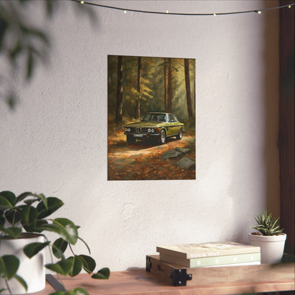 1973 BMW 30 CSL Wall Art Taiga Metallic Green Autumn Forest Sunlight Poster Classic German Sports Coupe Oil Painting Fine Art Print for Home Office Decor