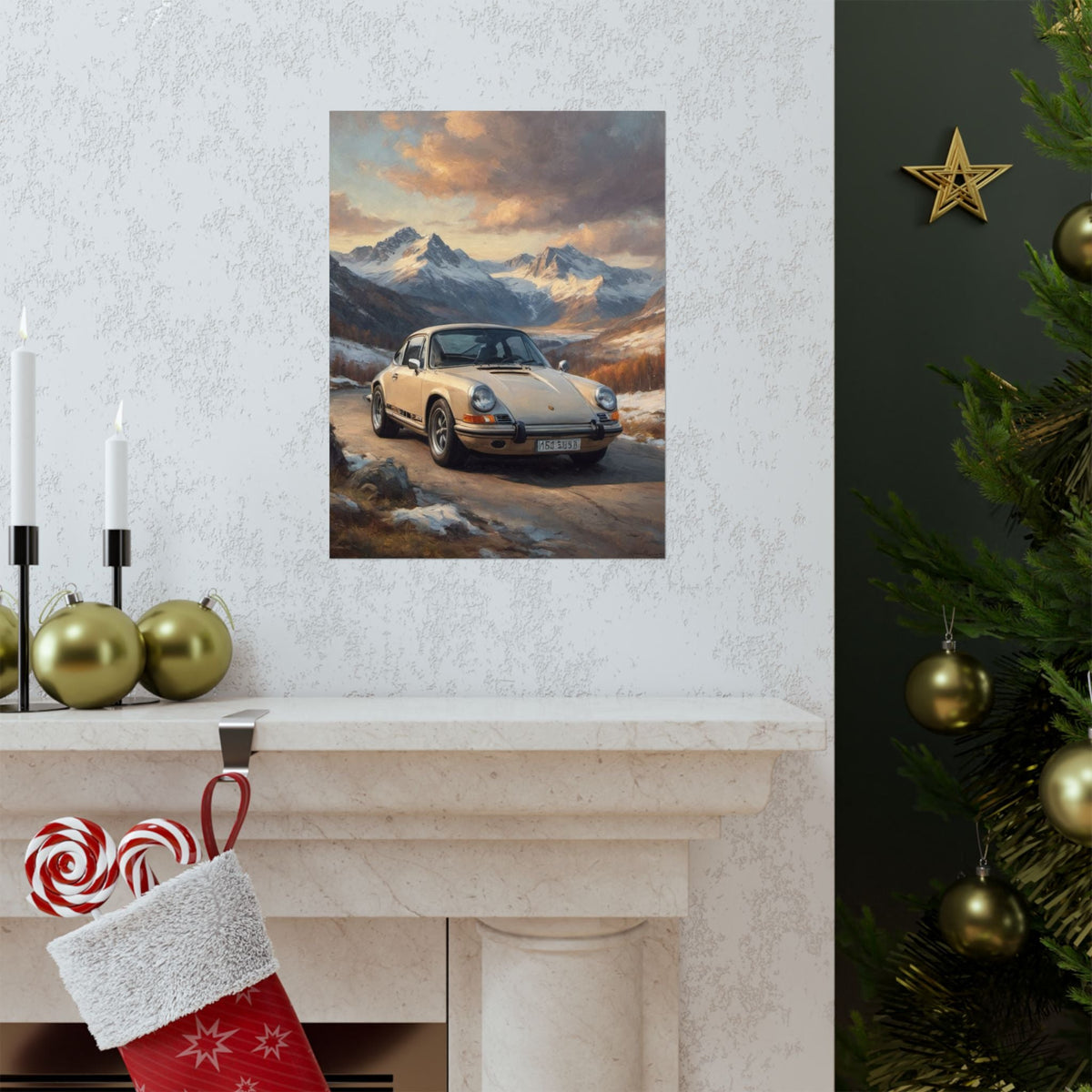 1973 Porsche 911 Wall Art Beige Sahara Grey Snow Capped Alps Alpine Pass Sunset Poster Classic German Sports Car Oil Painting Fine Art Print for Home Office Decor