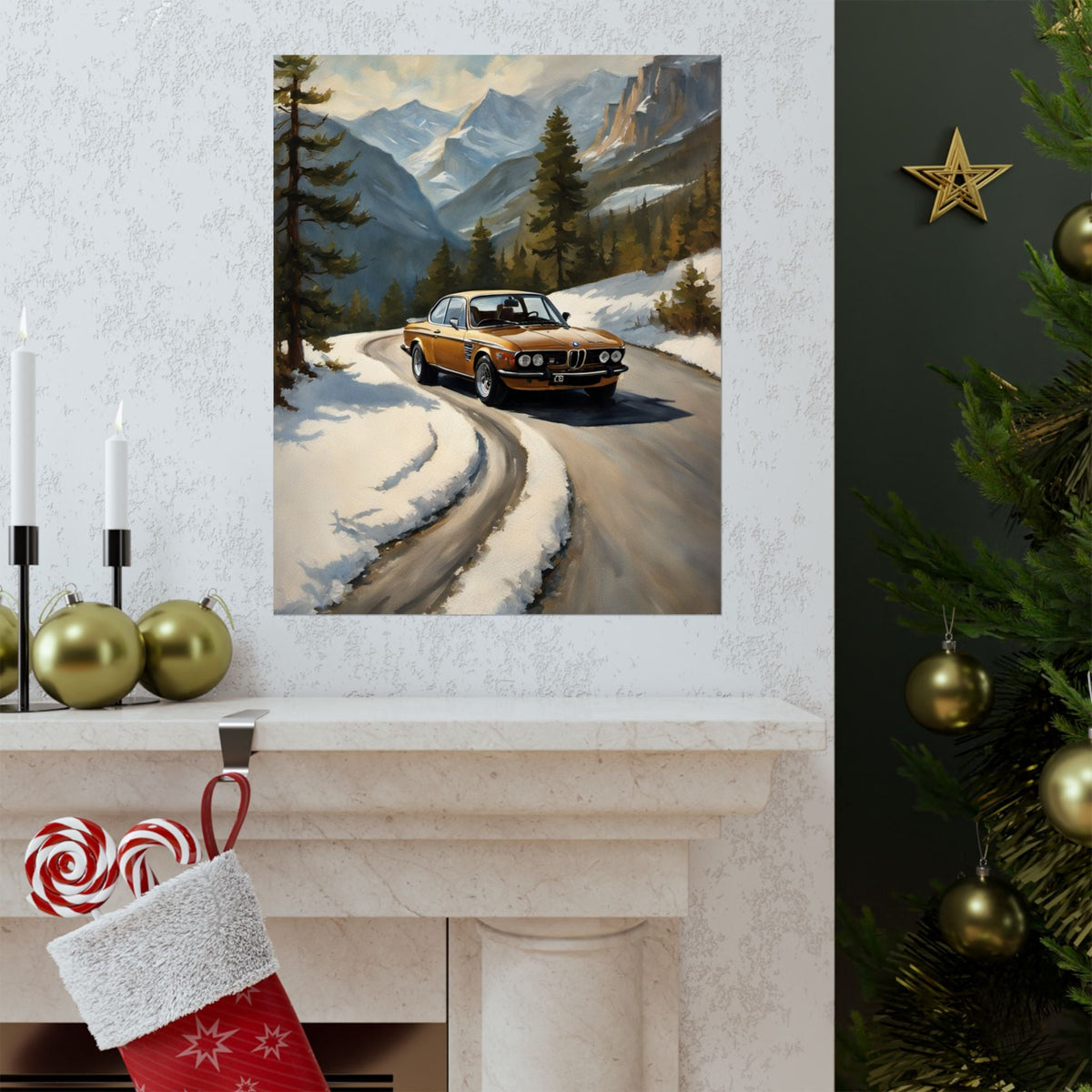 1973 BMW 30 CSL Wall Art Inka Orange Bronze Alpine Mountain Pass Snow Road Poster Classic German Sports Coupe Oil Painting Fine Art Print for Home Office Decor