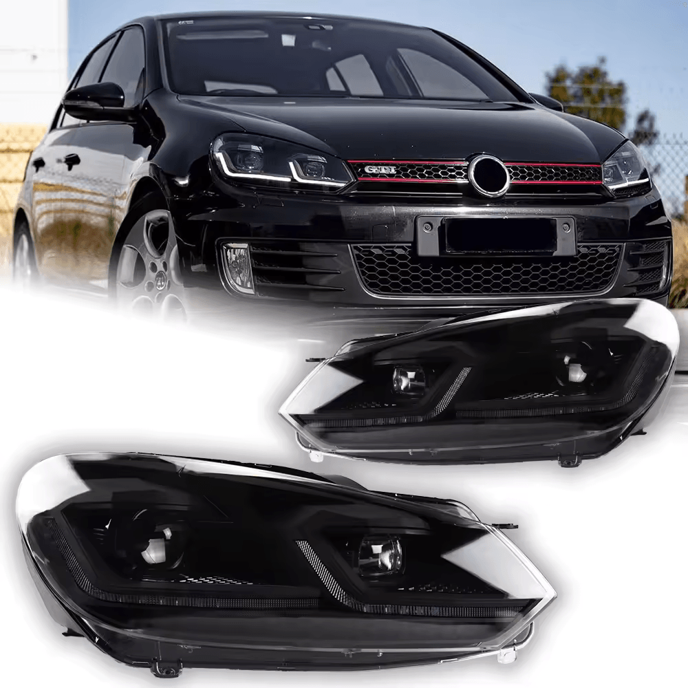 Volkswagen Golf MK6 headlights by K2 Industries featuring projector lenses and LED signal lights in red, silver, and black.