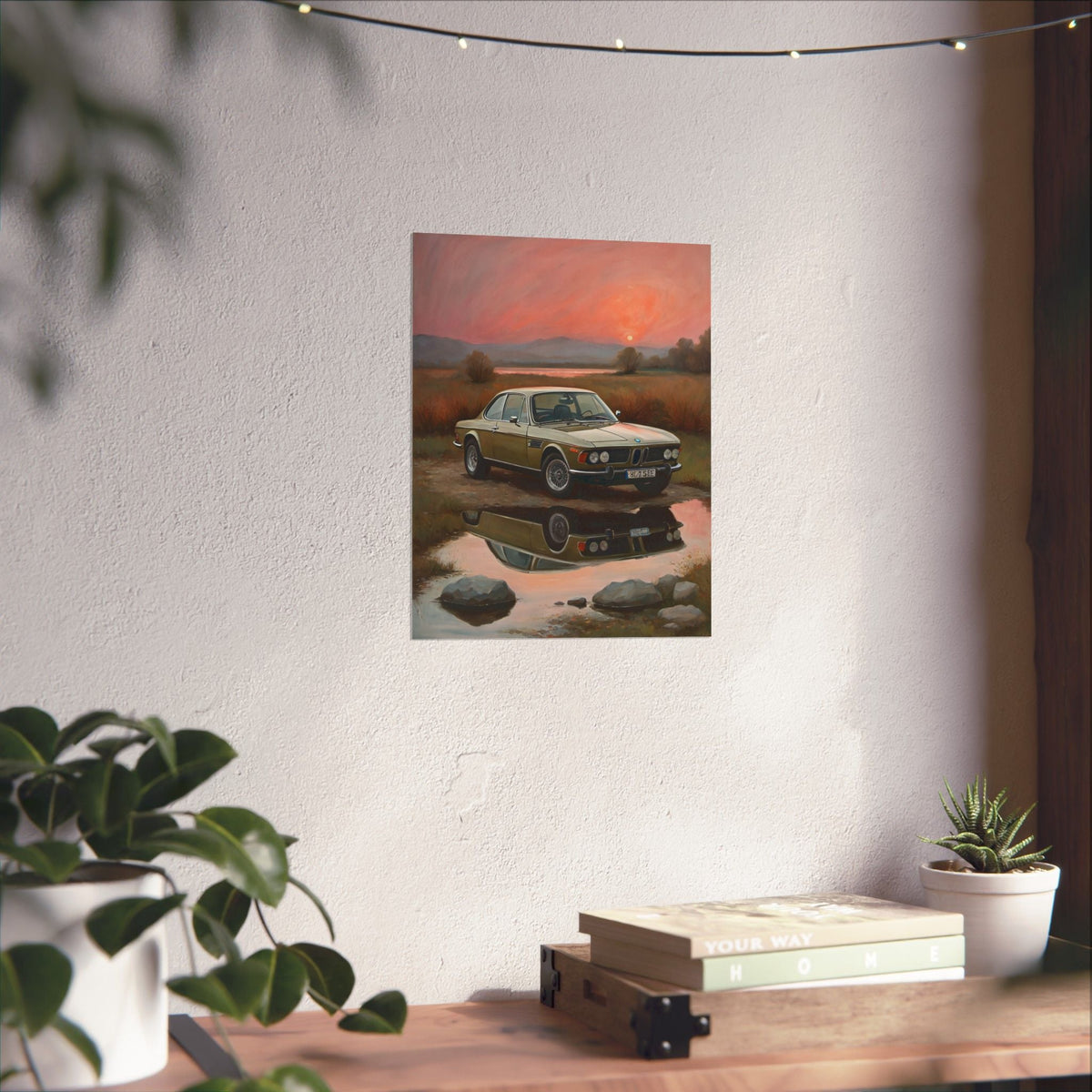 1973 BMW 30 CSL Wall Art Polaris Silver Gold Lake Sunset Water Reflection Poster Classic German Sports Coupe Oil Painting Fine Art Print for Home Office Decor