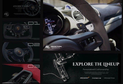 Red manual Porsche 991.2 steering wheel by Boston Motortech with detailed grips and sporty design.