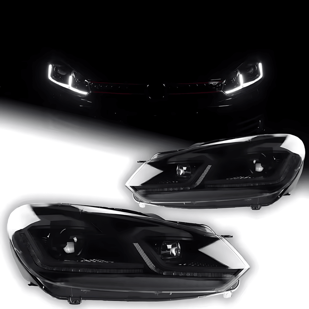 Volkswagen Golf MK6 headlights by K2 Industries featuring red, silver, black projector with dynamic LED signal lights (2009-2013).