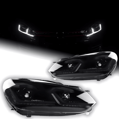 Volkswagen Golf MK6 headlights by K2 Industries featuring red, silver, black projector with dynamic LED signal lights (2009-2013).