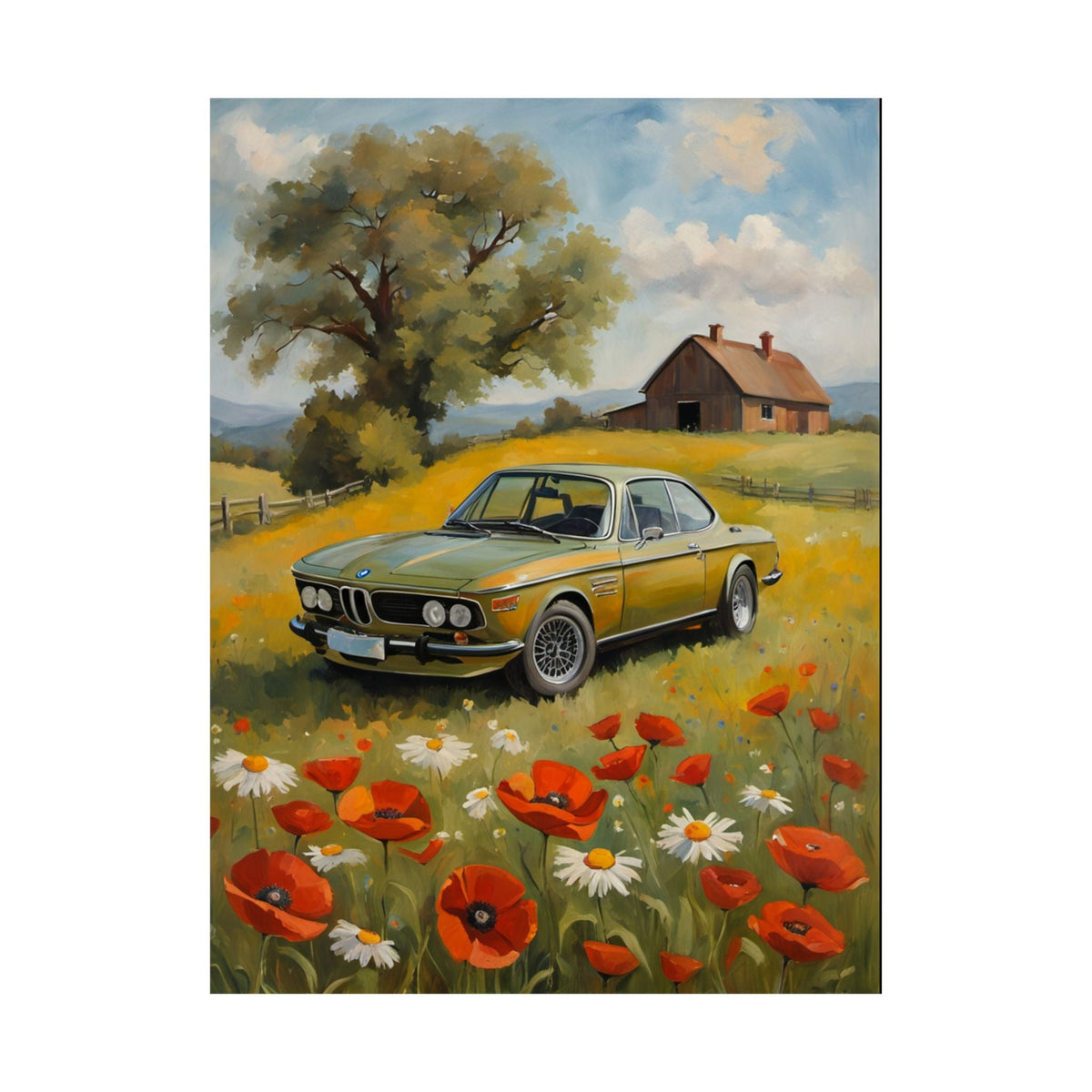 1973 BMW 30 CSL Wall Art Taiga Green Spring Poppy Field Countryside Barn Poster Classic German Sports Coupe Oil Painting Fine Art Print for Home Office Decor