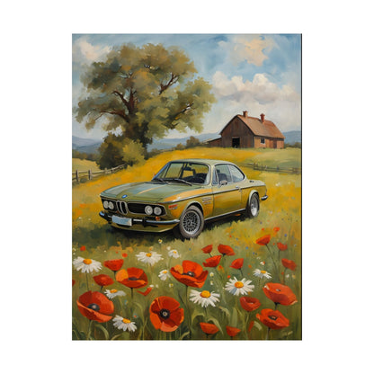 1973 BMW 30 CSL Wall Art Taiga Green Spring Poppy Field Countryside Barn Poster Classic German Sports Coupe Oil Painting Fine Art Print for Home Office Decor