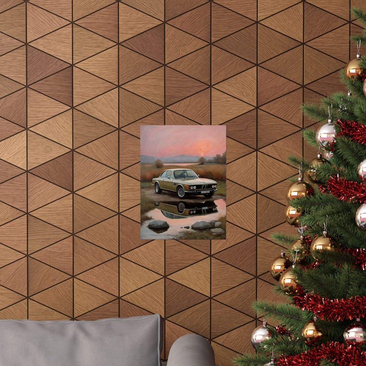 1973 BMW 30 CSL Wall Art Polaris Silver Gold Lake Sunset Water Reflection Poster Classic German Sports Coupe Oil Painting Fine Art Print for Home Office Decor