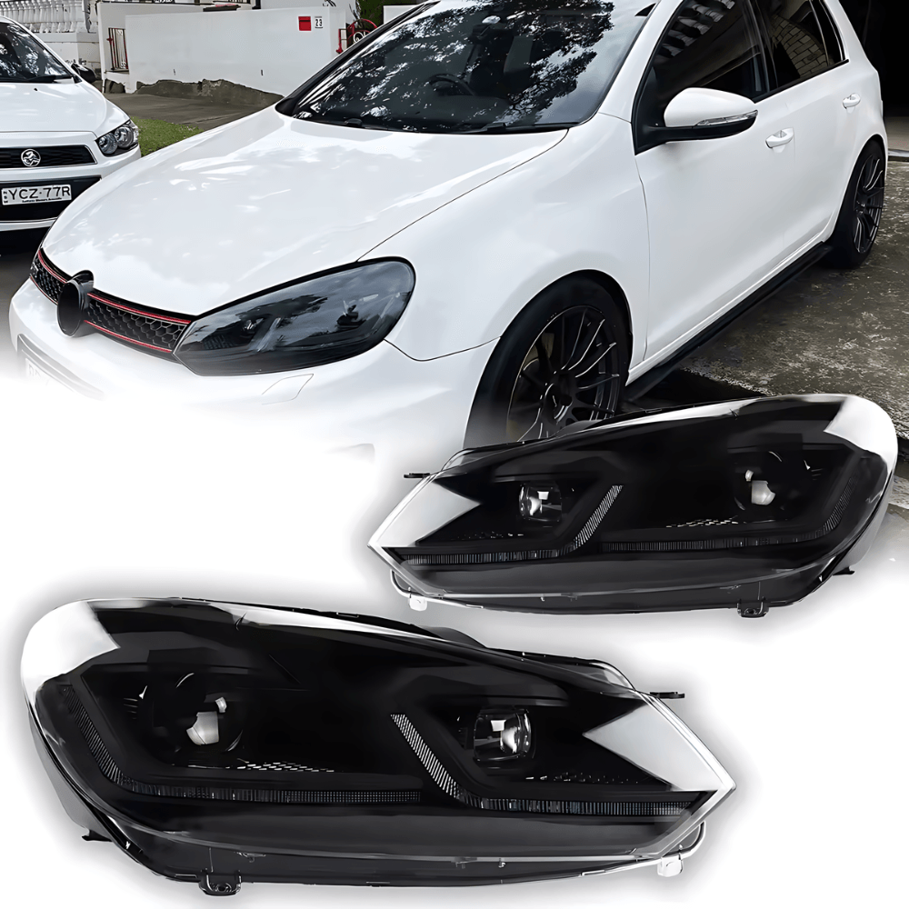 K2 Industries Volkswagen Golf MK6 headlight with red, silver, black projector lenses and dynamic signal LED headlights, 2009-2013