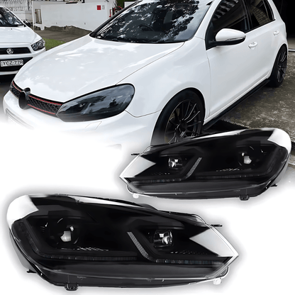 K2 Industries Volkswagen Golf MK6 headlight with red, silver, black projector lenses and dynamic signal LED headlights, 2009-2013