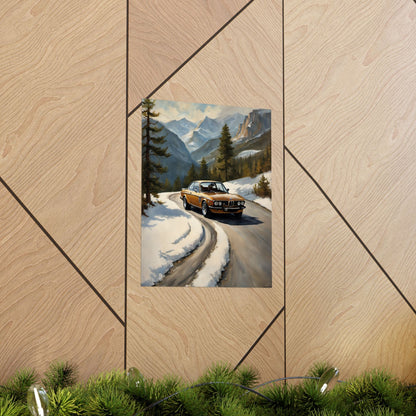 1973 BMW 30 CSL Wall Art Inka Orange Bronze Alpine Mountain Pass Snow Road Poster Classic German Sports Coupe Oil Painting Fine Art Print for Home Office Decor