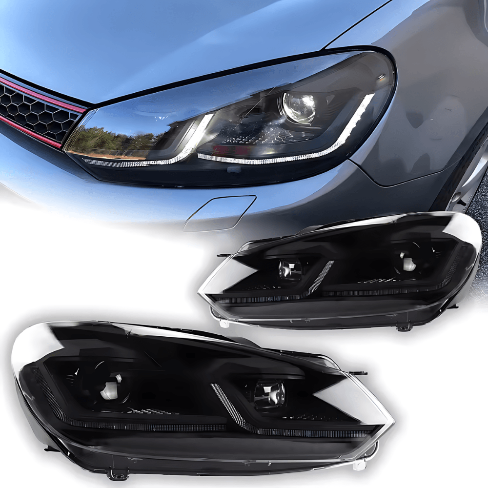 Volkswagen Golf MK6 projector headlights with dynamic LED signal lights in red, silver, and black for model years 2009-2013 by K2 Industries.