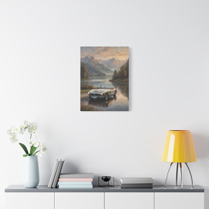 Vintage 1957 BMW 507 Roadster Canvas Wall Art | Alpine Lake Sunset Reflection Canvas Print | Impressionist Classic European Sports Car Art for Living Room & Office