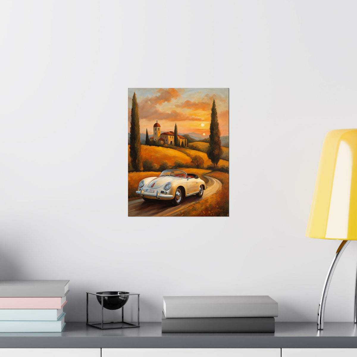 Vintage 1956 Porsche 356 Speedster Poster | Tuscan Countryside Sunset Wall Art | Impressionist European Classic Sports Car Fine Art Paper Print