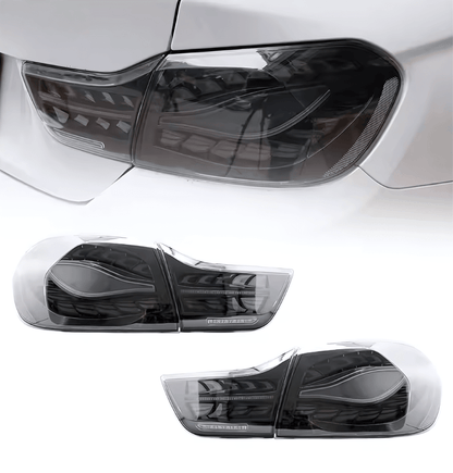 BMW 4 Series F32 F36 F82 F33 F83 black LED tail lights with double dragon scale design by K2 Industries, for 2013-2018 models.