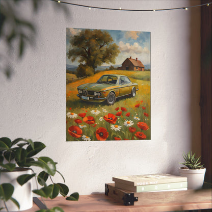 1973 BMW 30 CSL Wall Art Taiga Green Spring Poppy Field Countryside Barn Poster Classic German Sports Coupe Oil Painting Fine Art Print for Home Office Decor