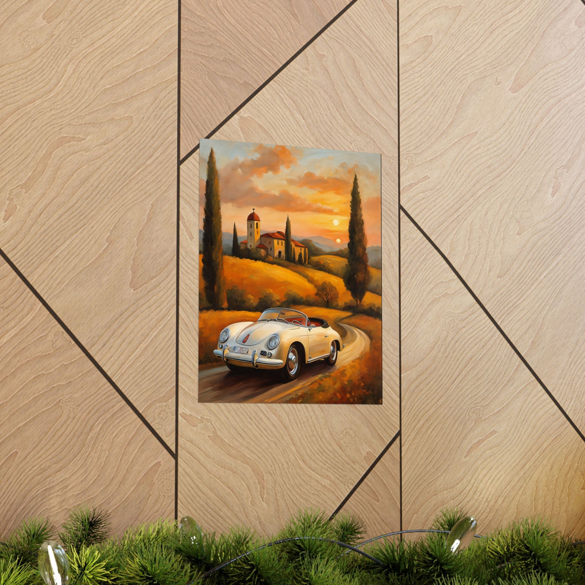 Vintage 1956 Porsche 356 Speedster Poster | Tuscan Countryside Sunset Wall Art | Impressionist European Classic Sports Car Fine Art Paper Print
