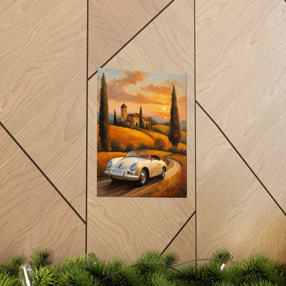 Vintage 1956 Porsche 356 Speedster Poster | Tuscan Countryside Sunset Wall Art | Impressionist European Classic Sports Car Fine Art Paper Print