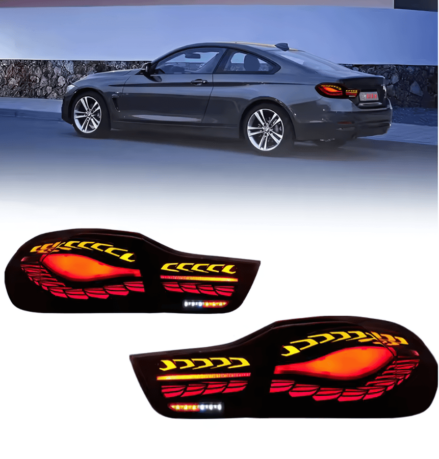BMW 4 Series F32 F36 F82 F33 F83 black LED tail lights with double dragon scale pattern, designed for 2013-2018 models by K2 Industries.