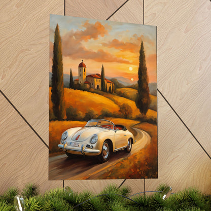Vintage 1956 Porsche 356 Speedster Poster | Tuscan Countryside Sunset Wall Art | Impressionist European Classic Sports Car Fine Art Paper Print