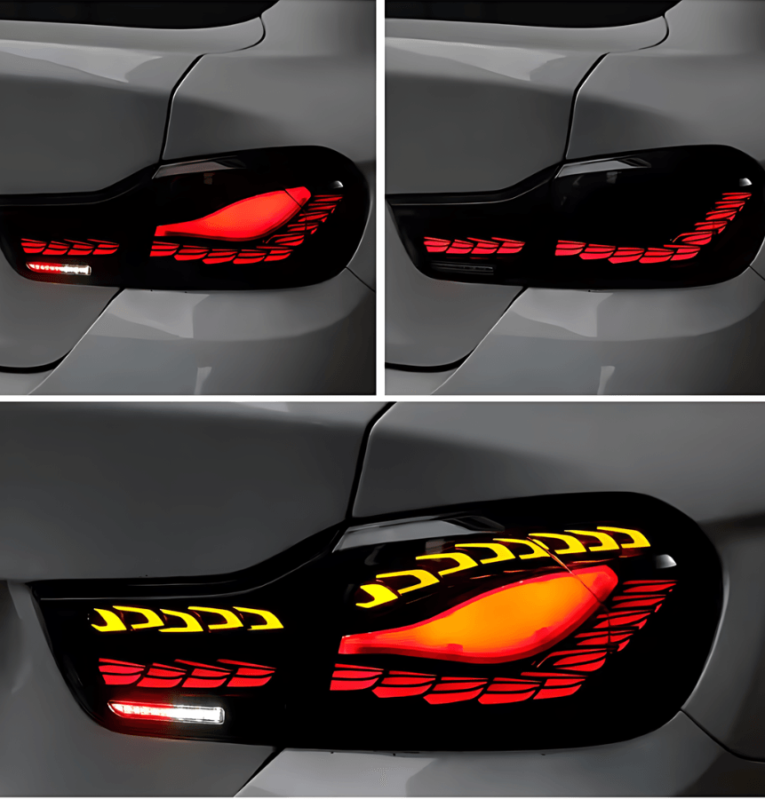 Black LED tail lights with double dragon scale pattern for BMW 4 Series F32, F36, F82, F33, F83 models from 2013 to 2018 by K2 Industries.